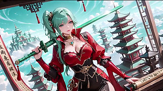 Green-haired warrior in a black-red battle robe, commanding yet shy on the floating terrace.