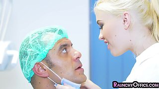 Slutty nurse fucked by lusty doctor in pussy in medical room