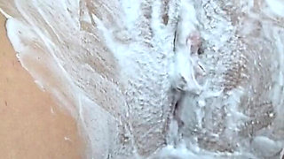 Shaving a Hairy Pussy with a Trimmer and a Razor with Shaving Foam