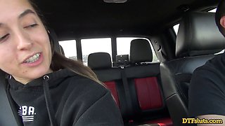 Abbie Maley and James Deen get rough doggystyle in the car with big tits and ass action