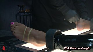 Latex slave shacked to led table