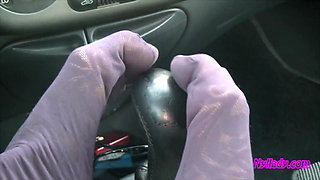 Nyllady's Footjob to Gearshift and Wheel in Patterned Pantyhose