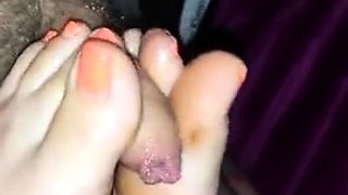 Mom sweaty footjob keep going after her Son cum