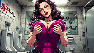 A busty mature woman searching for prey in a men's public restroom