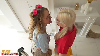 Lesbian schoolgirls get pumped by strap-on statue and packed up with cum