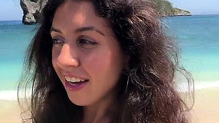 Walking with hot cum on my face on a public beach full of