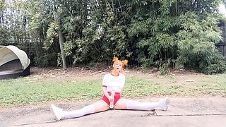 Shy ginger squirter Shae Celestine doing gym class at home