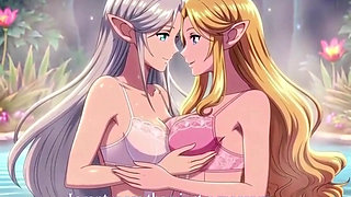 Two beautiful lesbian elves share an intimate night in a magical hot springs