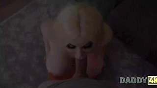 Perv stepdad fucks busty blonde cheating stepson's gf on a sofa