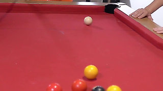 Four Lesbians Played with Billiard Cue on Pool Table!