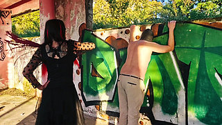 BDSM femdom flogging. Dominatrix Nika punishes her slave at sunset in an abandoned building. Back scratching.