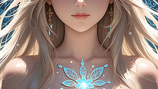 Beautiful Nude Big Breasted Young Woman Surrounded by Shimmering Light Droplets