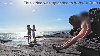 Two Fit Girls on Beach See My Big Uncut Cock - Outdoor Public Flashing with Big Booty Babes