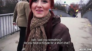 Czech red haired is paid cash to flash and blow shaft in public