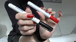 Slave Marking with Pen, Beautiful Red Fingernails, Lady Victoria Valente