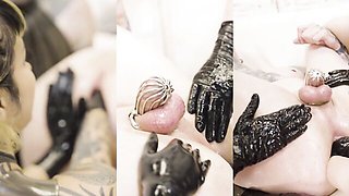 Cock Caged Slave Takes Six Fists, Double Fisting and Foot Fisting From Anuskatzz and Miss Flora