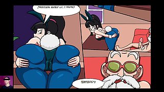 Chi-Chi from Dragon Ball Z rides Roshi's cock while Goku coaches